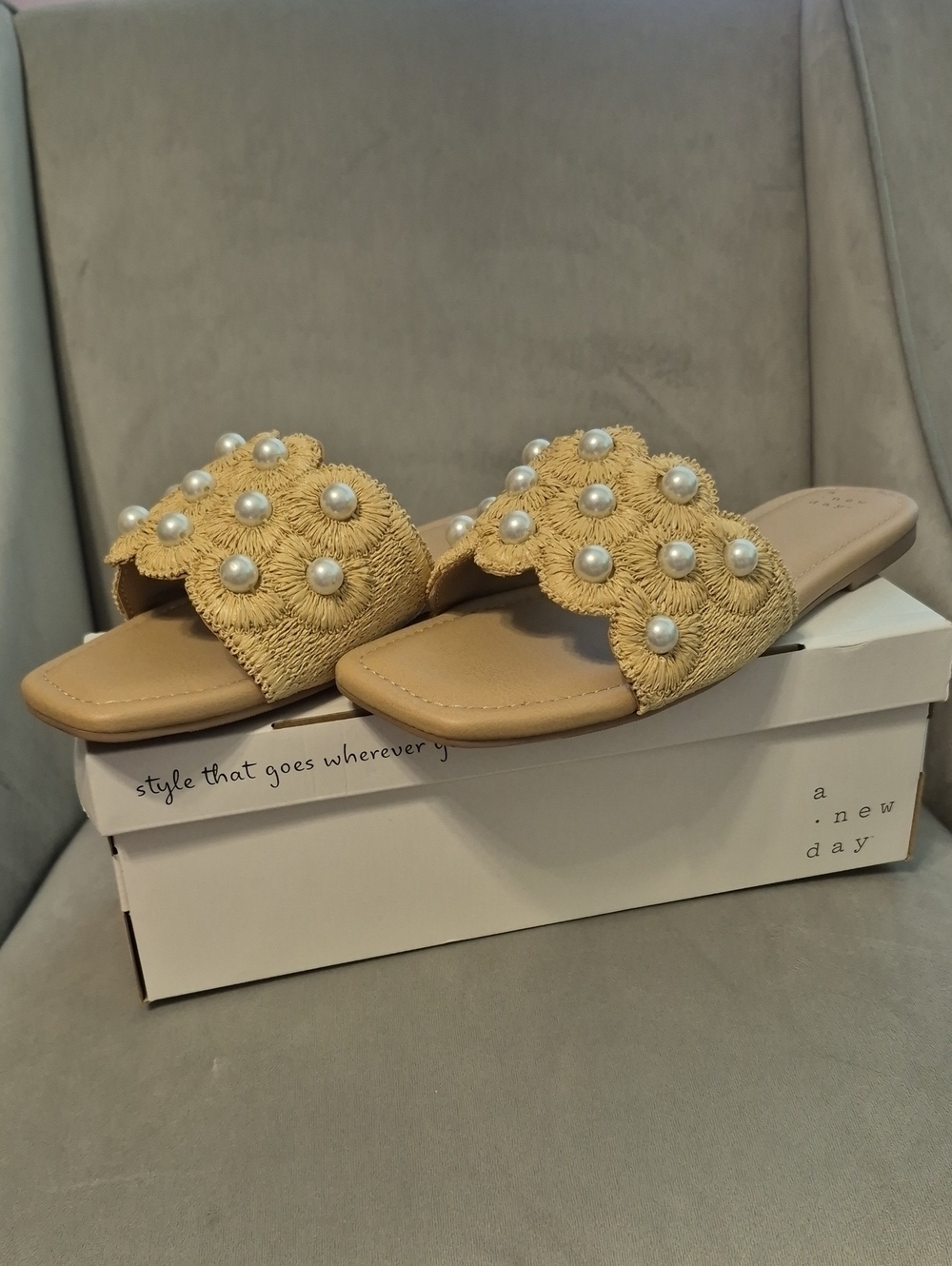 A NEW DAY Delaney Pearl-Embellished Tan Slide Sandals
